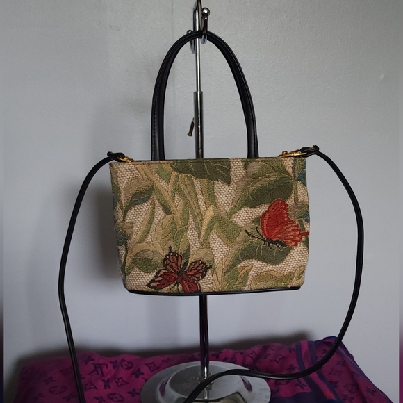 Vintage Embroidered Butterfly and Greenery Small Crossbody w/ Vegan Leather - Picture 2 of 6